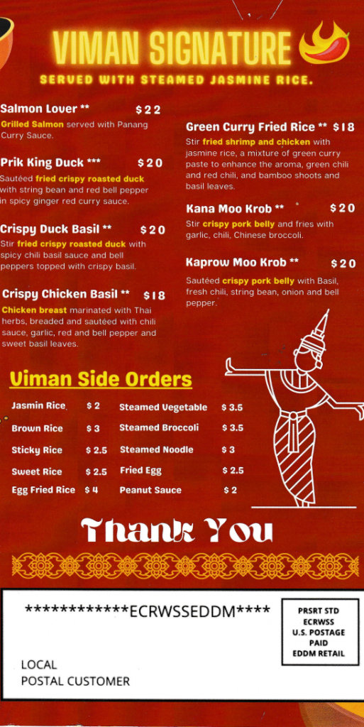 Full Viman Thai Cuisine Menu