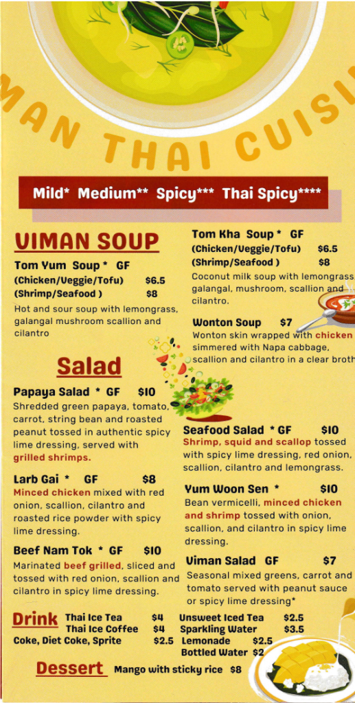 Full Viman Thai Cuisine Menu